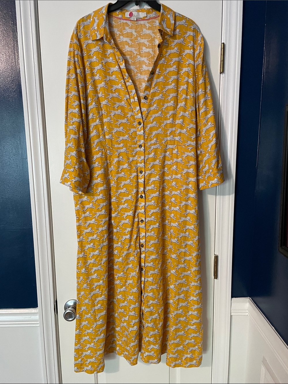 Boden Mustard Yellow Maxi Shirt Dress with White Leopard Print - Picture 2 of 5